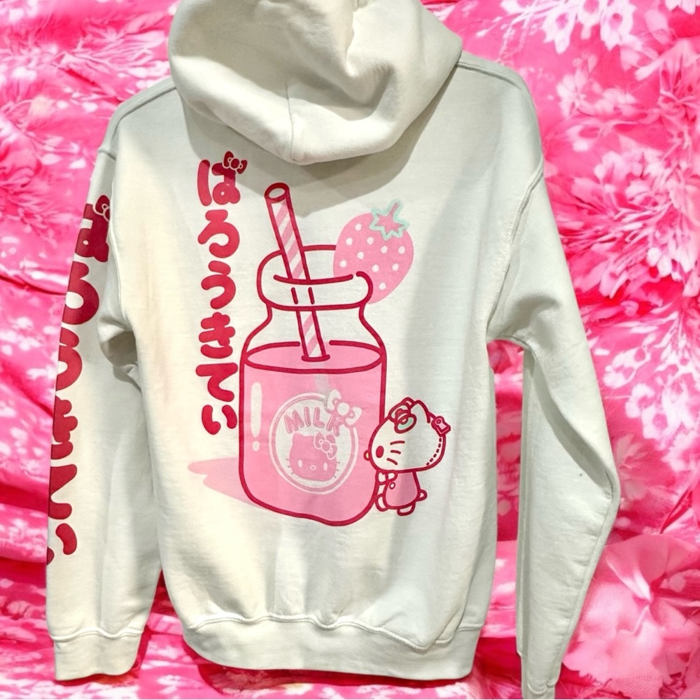 Sanrio Hello Kitty Strawberry Milk Hoodie Hooded Sweatshirt Small White Pink